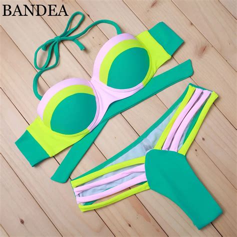 Bandea Sexy Women Push Up Bikini Brazilian Patchwork Swimwear Neon