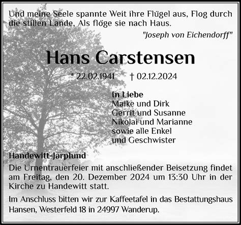 Traueranzeigen Von Hans Carstensen Sh Z Trauer