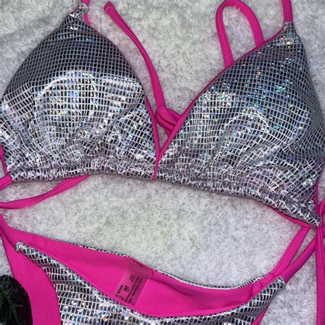 Shiny Silver Holographic And Pink Bikini Set Size S Depop