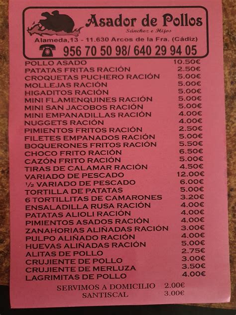 Carta del restaurante Asador del Pollos Sánchez e Hijos Arcos del la