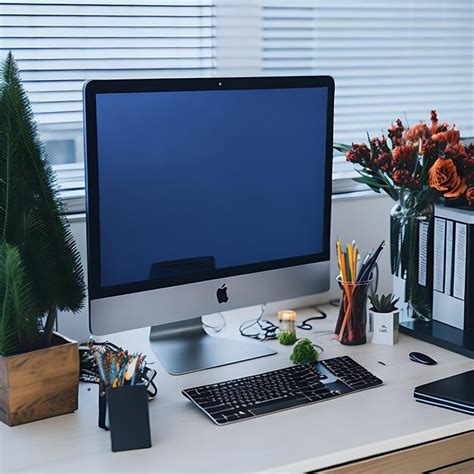 Premium Photo | View of desk with computer and decorations