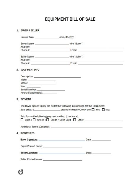 Free Equipment Bill Of Sale Form Pdf Word Rtf Free Printable