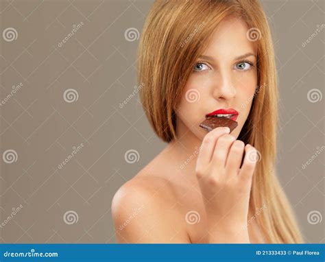 Blonde Woman Red Lips Tasting Chocolate Stock Image Image Of Attractive Dessert 21333433