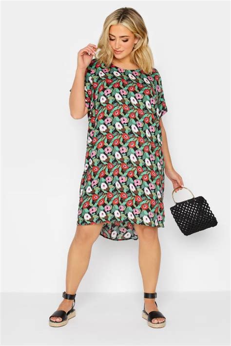 Yours Plus Size Black Floral Print Dipped Hem Shift Dress Yours Clothing