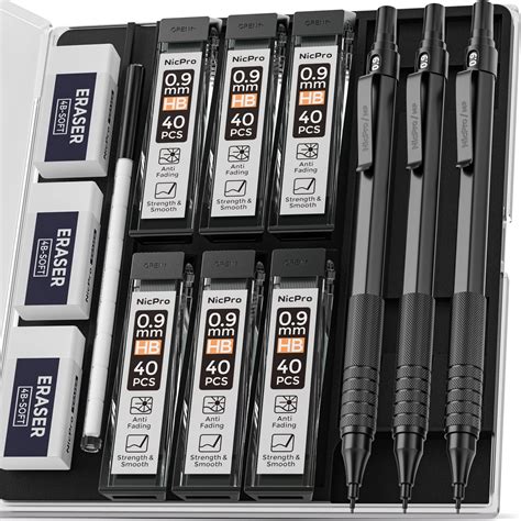 Nicpro 3 Pcs 0 9 Mm Metal Mechanical Pencils With 6 Tubes HB Lead