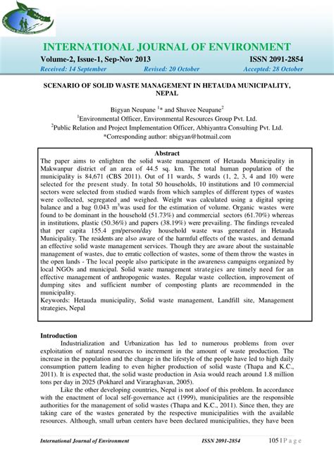 Pdf Scenario Of Solid Waste Management In Hetauda Municipality Nepal