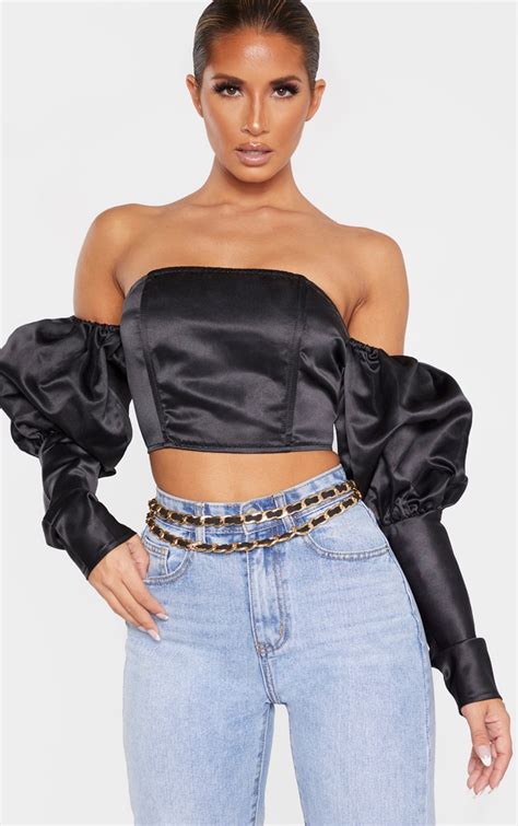 Black Satin Bardot Puff Sleeve Crop Top Prettylittlething