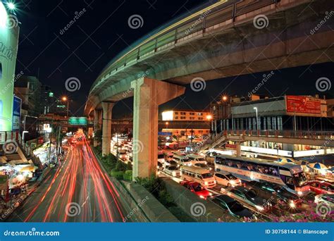 Elevated Sky Train Railway Above Road With Light Trails Editorial Stock Image - Image of speed ...