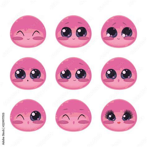 Pink cute kawaii Japanese Emoji glossy vector drops with glitter and ...