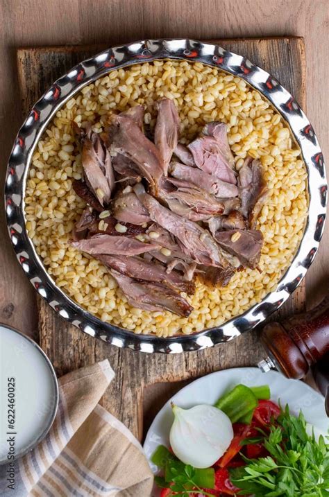 Turkish Foods Lamb Shank Tandoori On Bulgur Wheat Rice Turkish Name Bulgur Bugday Pilavi Kuzu