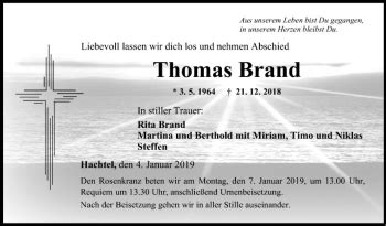 Traueranzeigen Von Thomas Brand Trauerportal Ihrer Tageszeitung