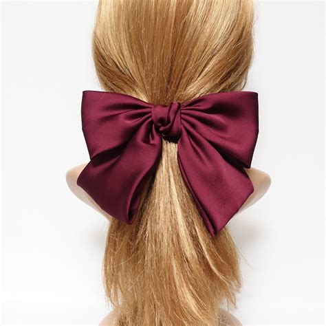 Red Wine Silk Satin Big K Bow Barrette Glossy Satin Women Hair Accessory For Women