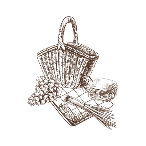 Hand Drawn Sketche Of Barbecue And Picnic Elements Picnic Basket