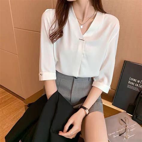 【stockcod】v Neck Chiffon Womens Shirt Loose Plus Size Office Blouse Temperament Short Sleeve