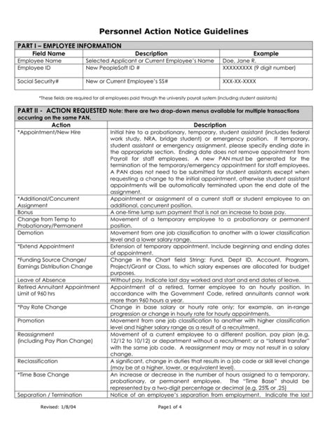 Personnel Action Notice Guidelines