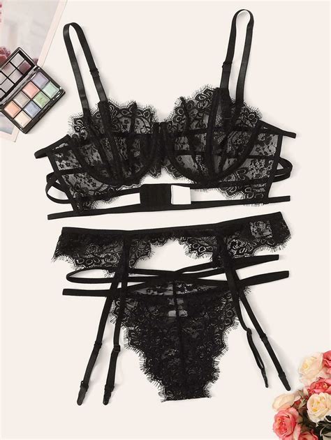 Floral Lace Sheer Garter Lingerie Set Shein Eur