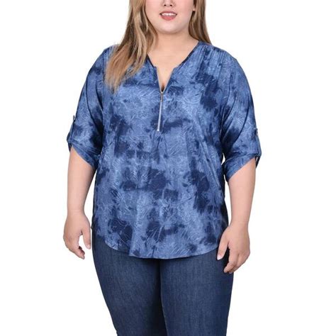 Plus Size Ny Collection 3 4 Roll Tab Sleeve Tie Dye Zipper Blouse