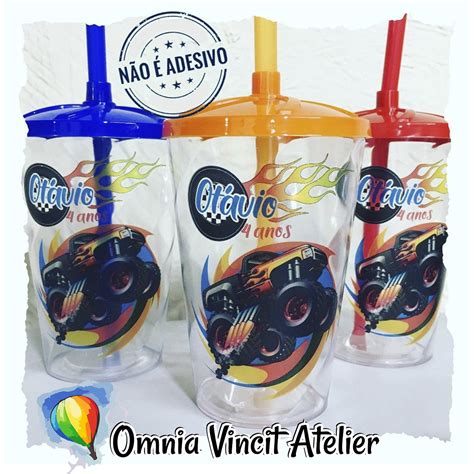 Copo Ml Tampa E Canudo Color Hot Wheels Monster Elo