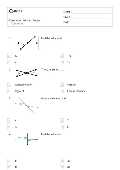 50 Complementary Supplementary Vertical And Adjacent Angles Worksheets For 2nd Class On