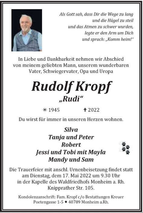 Traueranzeigen Von Rudolf Kropf Trauer In Nrw De