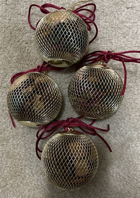 Vintage 4 Gold Tone Mesh Wire Ball Potpourri Hanging Christmas Scent