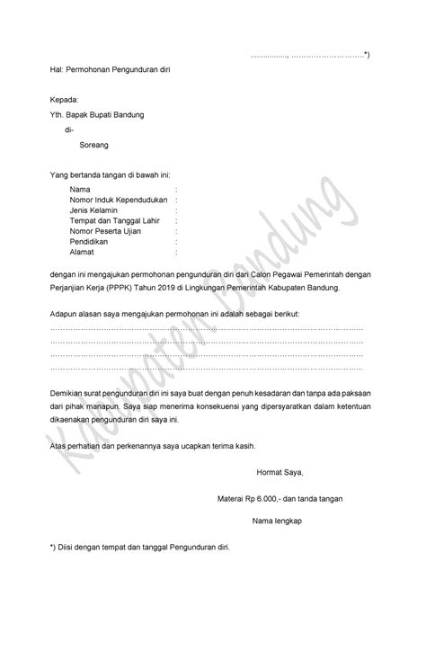 Format Surat Pengunduran Diri Pppk Kab Bdg