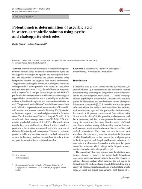 Potentiometric Determination Of Ascorbic Acid In Wateracetonitrile