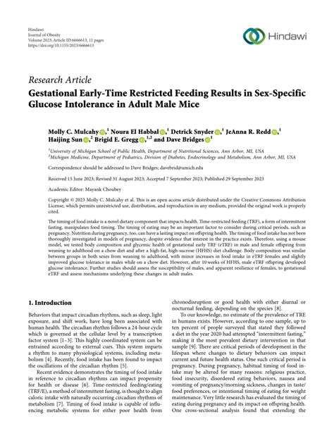 Pdf Gestational Early Time Restricted Feeding Results In Sex Specific