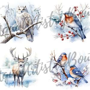 Watercolor Winter Animals Digital Download Wall Art watercolor Clipart ...