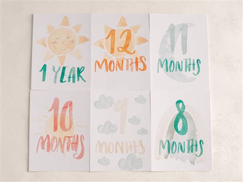 Baby Milestone DIY Printable Cards Set Watercolor Rainbows Sun Clouds ...