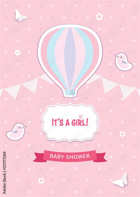 Girl Baby Shower Template With Hot Air Balloon Birds Butterflies Flowers Ribbon Garland