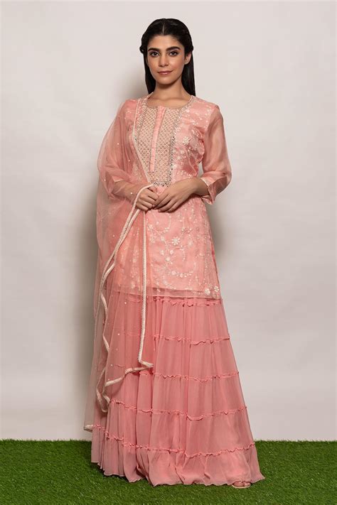 Buy Pink Organza Hand Embroidered Thread Work Round Kurta Sharara Set