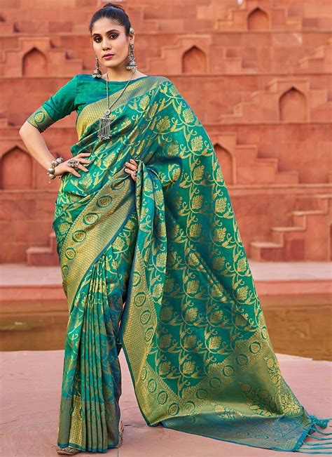 Buy Kanchipuram Banarasi Silk Zari Woven Green Saree Festive Wear