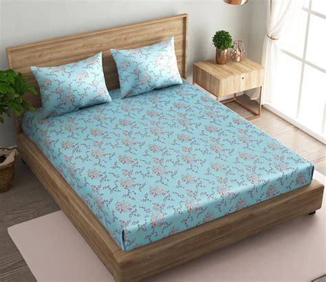 Buy Tc Floral Cotton Bedsheet King Size With Pillow Covers Blue