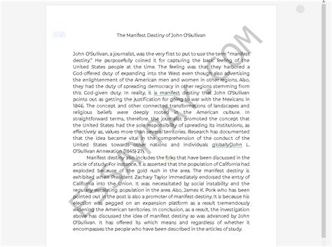 The Manifest Destiny Of John Osullivan Essay Example 313 Words Essaypay