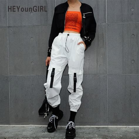 Heyoungirl Casual White Cargo Pants Women Hip Hop Streetwear Track Pants Capris Elastic High