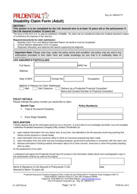 Fillable Online Disability Claim Form Adult Prudential Singapore