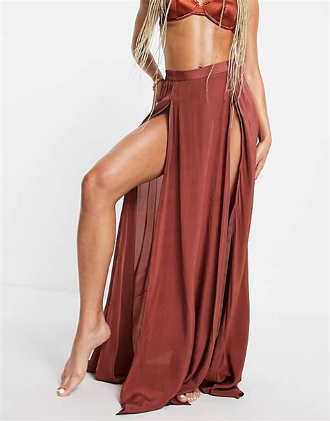 Asos Design Split Maxi Co Ord Beach Skirt In In Brown Asos