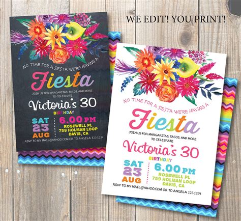 Fiesta Birthday Party Invitation Mexican Party Watercolor Mexican Birthday Parties Mexican