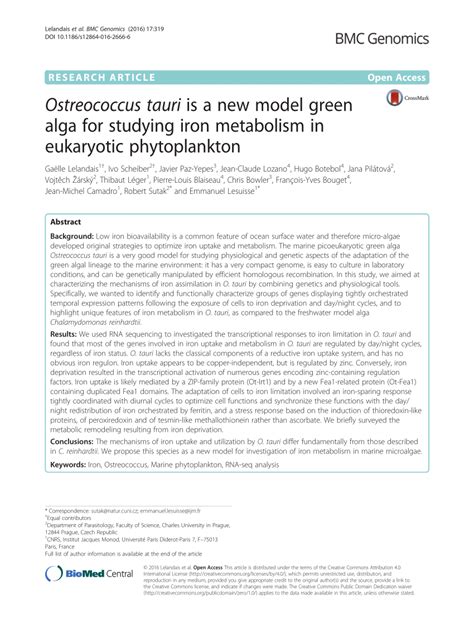 Pdf Ostreococcus Tauri Is A New Model Green Alga For Studying Iron