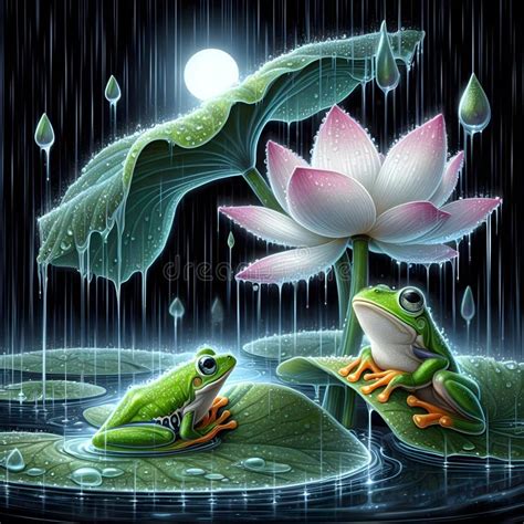 Image Of The Raining Scenery Where Frogs Are Under A Flower Soaking Wet