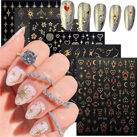 Amazon Vezocim Gold Nail Art Stickers Sun Moon Stars Heart Line