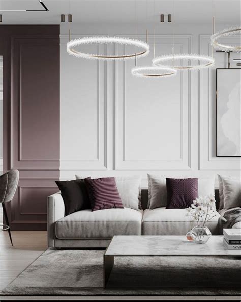 Elegant Living Room Decor With White Couches And Purple Accented Lighting