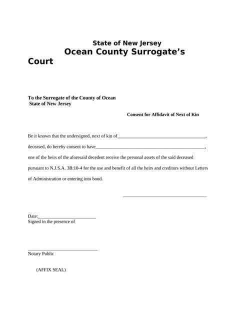 New Jersey Consent For Affidavit Of Next Of Kin For Ocean County Dochub