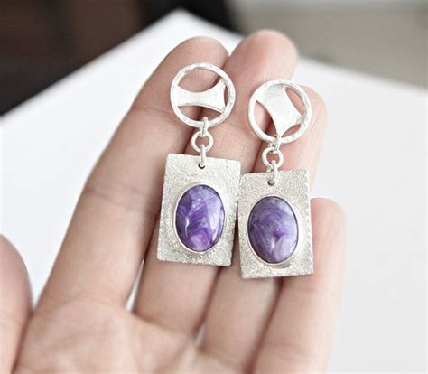 Charoite Sterling Silver Dangle Earrings Metalwork Art Jewelry Modern