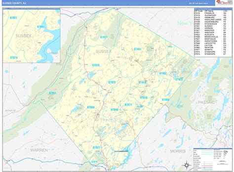 Sussex County Nj Zip Code Wall Map Basic Style By Marketmaps