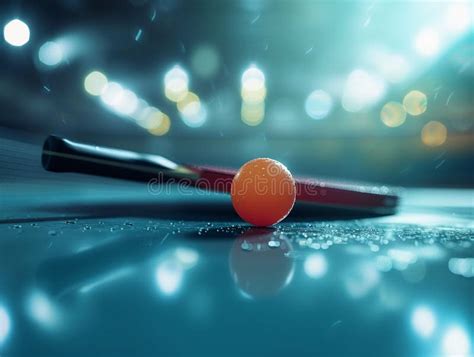 Orange Ping Pong Ball And Paddle On Wet Table Under Night Lights Stock