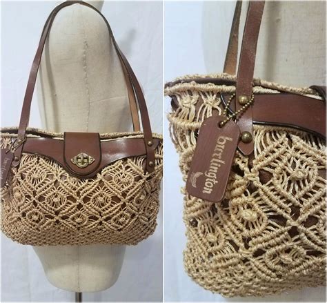 Vintage S Jute Macrame And Burlington Leather Shoulder Bag Purse