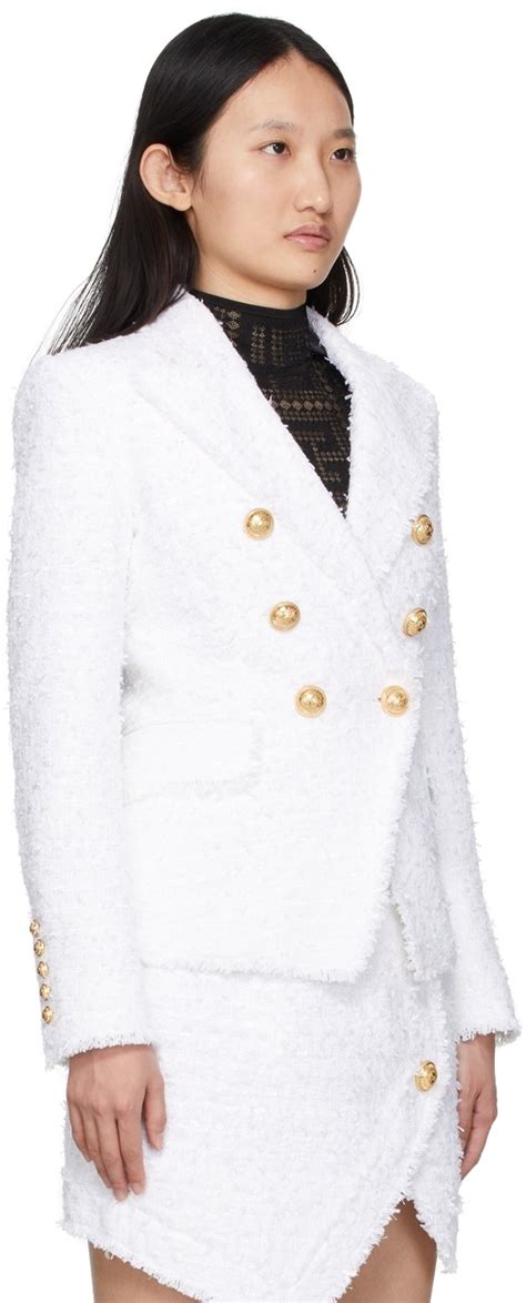 Balmain White Tweed Double Breasted Blazer Balmain