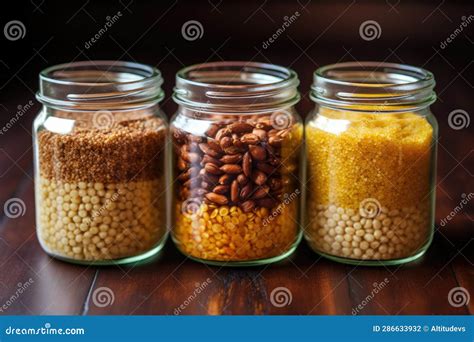 Close Up Of Quinoa Millet And Spelt In Glass Jars Stock Photo Image